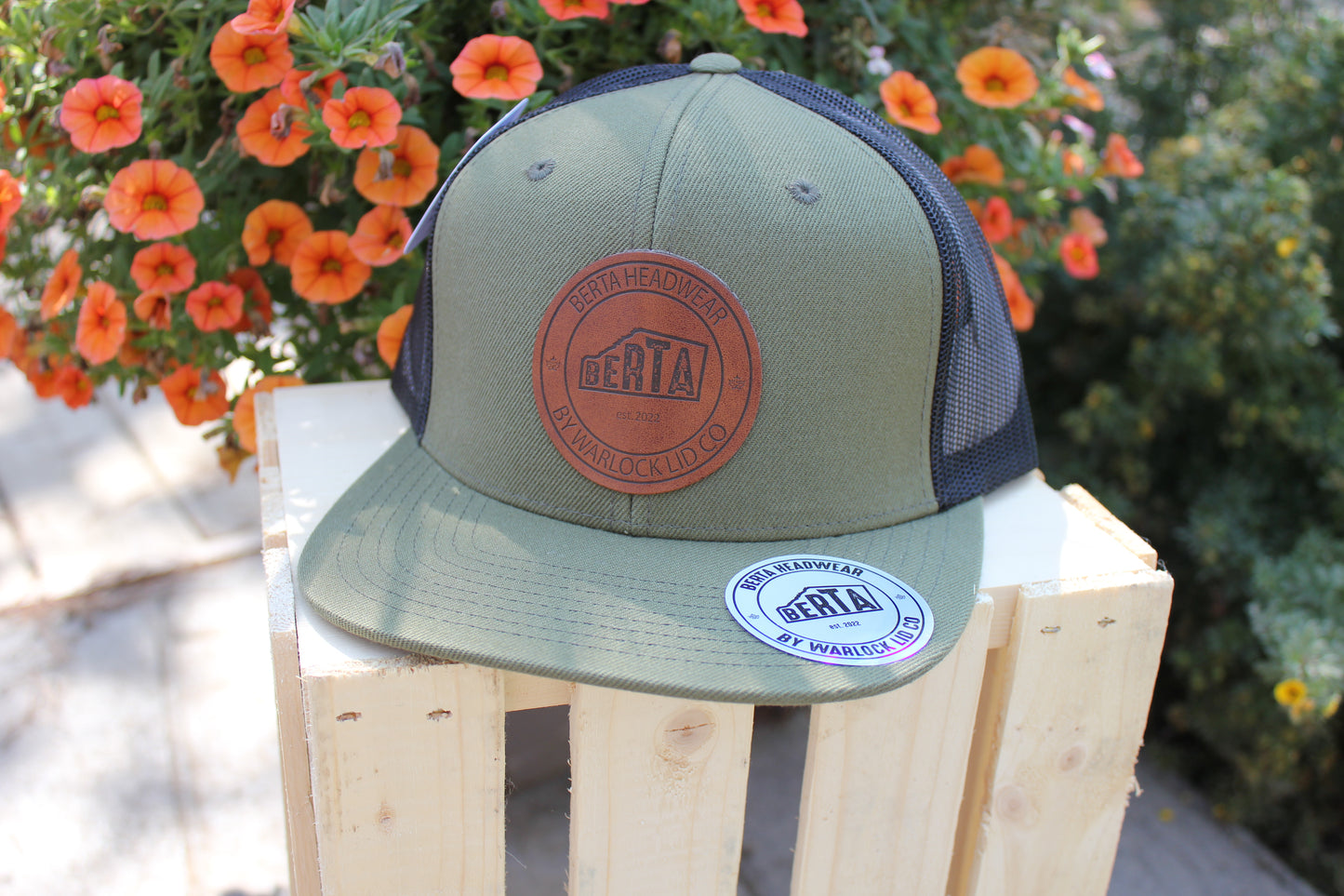 Leather Patch / Green Berta Flat Bill Adjustable Meshback Hat